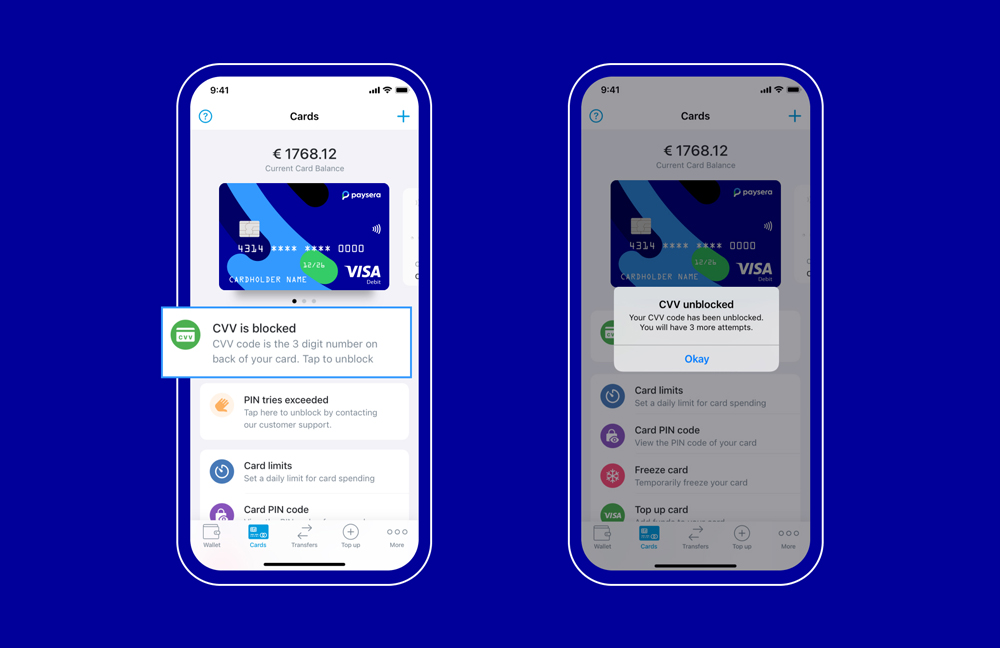 ow to unblock the payment card CVV via the Paysera mobile app?