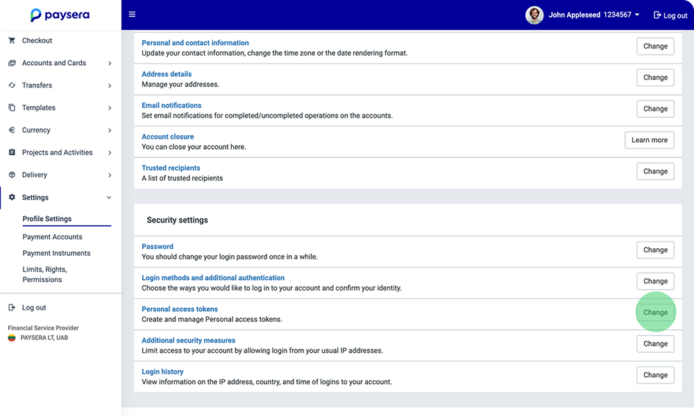 Paysera settings page screenshot with the Personal access tokens section highlighted.